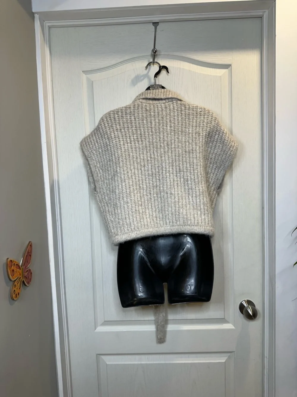 Zara Cream Ribbed Cropped Turtleneck Zip Sweater wool blend with tie waist - Picture 2 of 10